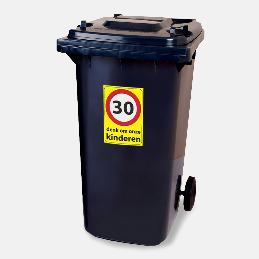 Stickervel - Denk om onze kinderen - container sticker - afvalbak - vuilnisbak - brievenbus