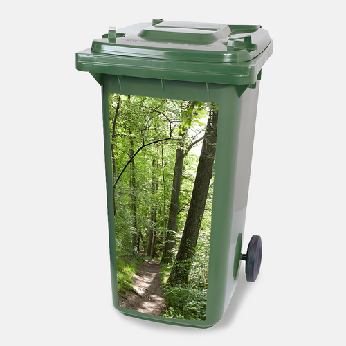 Kliko sticker Bospad met een bospad tussen hoge groene bomen geplakt op een kliko afvalcontainer