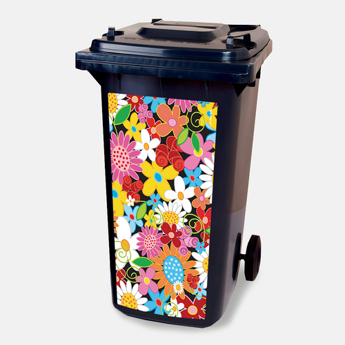 Kliko sticker Flower Power met kleurrijke flower power bloemen in retrostijl geplakt op een kliko afvalcontainer