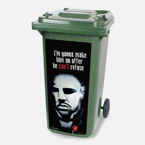 Kliko sticker Godfather met een filmisch portret in zwart-wit, Godfather-stijl geplakt op een kliko afvalcontainer