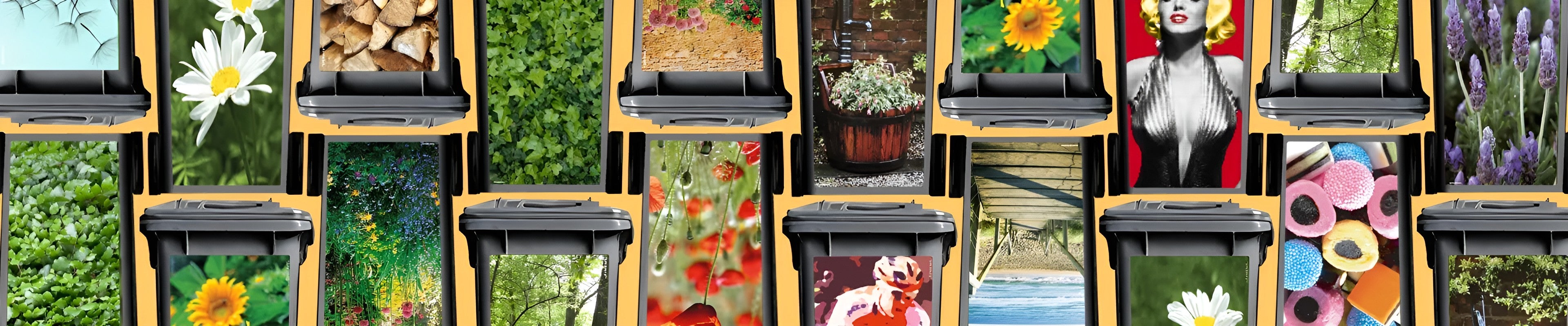Verschillende CoverArt kliko containerstickers op gele achtergrond